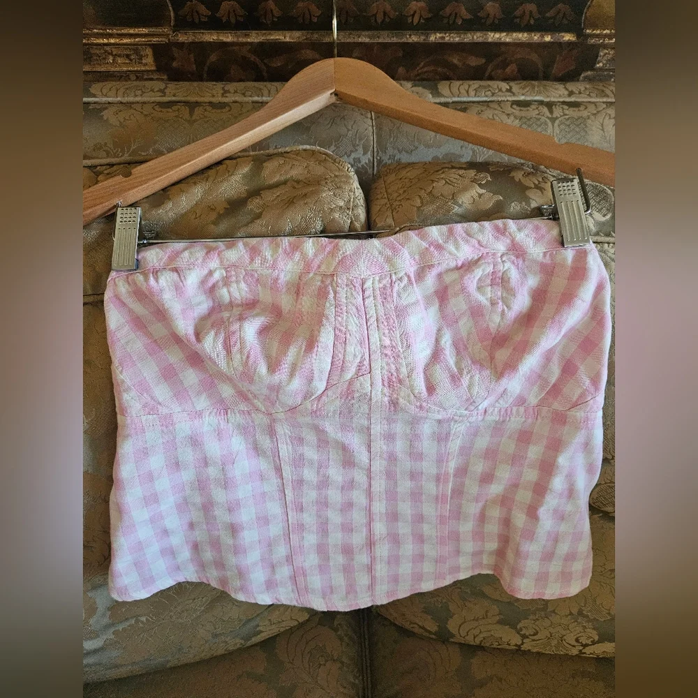 NWOT Free People Pink/White Gingham Bustiet Strapless Top - Picture 2 of 16